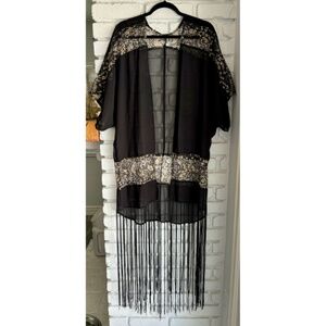 Long Black Kimono with gold detailed lace insets and fringe